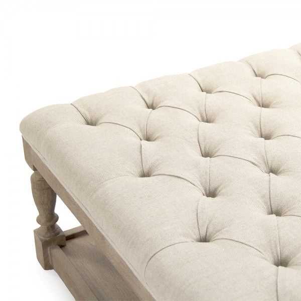 Square Ottoman Beige Tufted Cabriole Legs Rustic Chic Wood