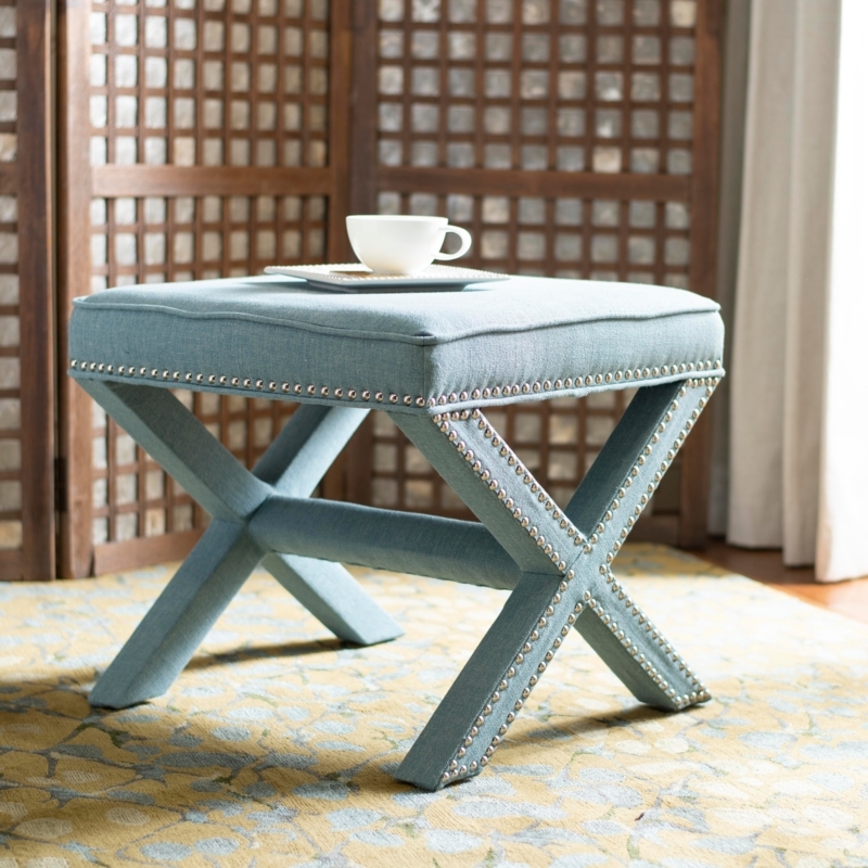 Square Ottoman Blue Quatrefoil Pattern Nailhead Trim
