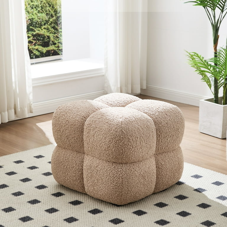 Square Ottoman Boucle Texture Tan Button Tufted Seat Modern