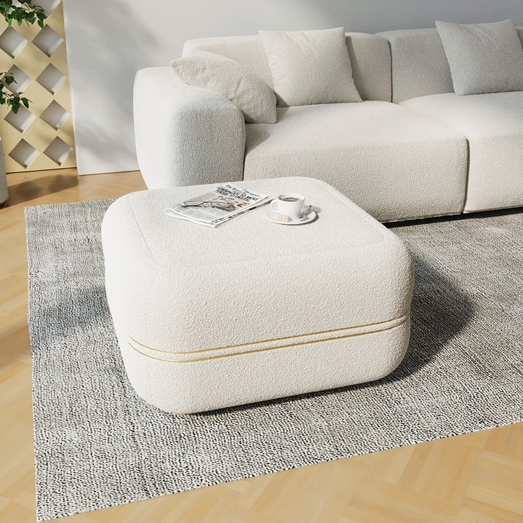 Square Ottoman Boucle with Polished Gold Rim Base Modern Glam