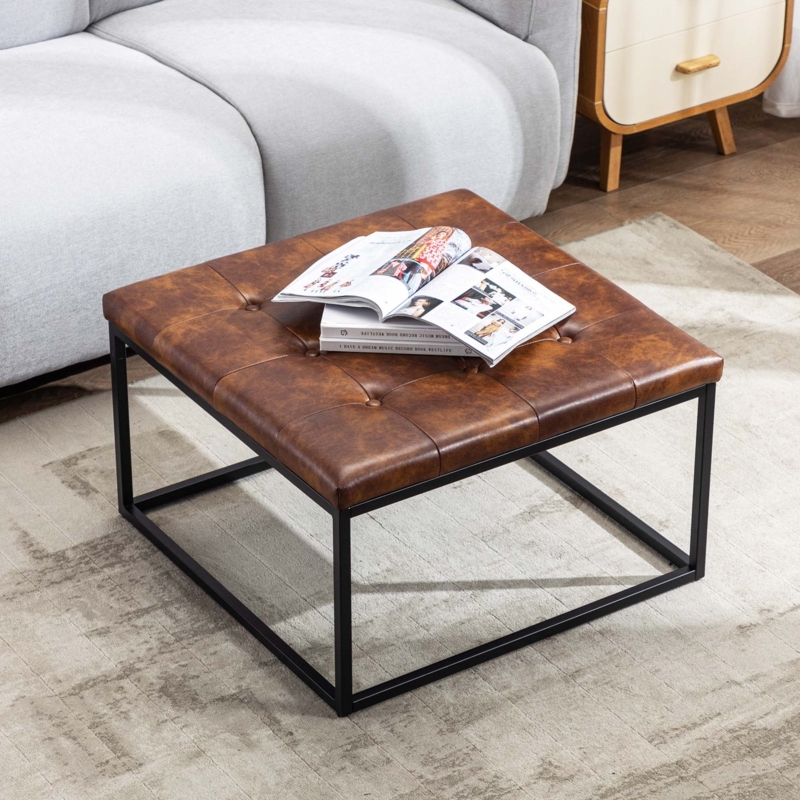 Square Ottoman Button Tufted with Open Metal Frame Base Industrial