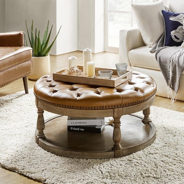 Square Ottoman, Camel Leather-Like Button Tufted Transitional Coffee Table