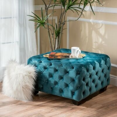 Square Ottoman Diamond Tufted Navy Blue Velvet, Glam Coffee Table