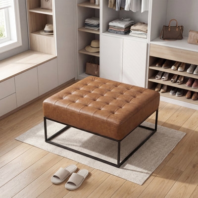 Square Ottoman, Distressed Tan Leather-like Flange Seams