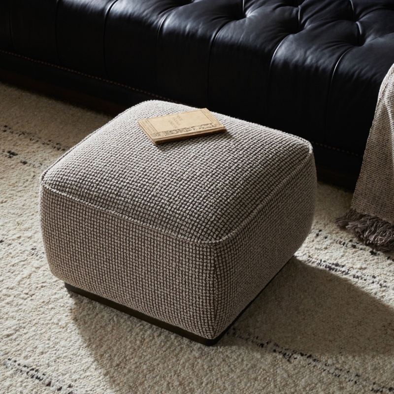 Square Ottoman in Taupe Linen-Like Texture with Low Profile Design