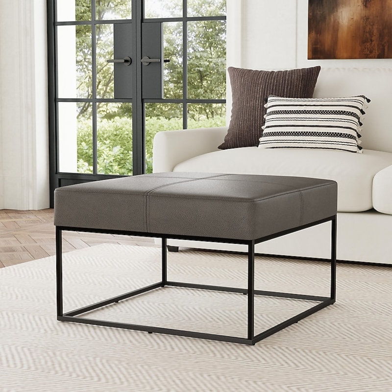 Square Ottoman, Large Pewter Gray Leather-like Metal Base