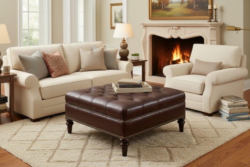 Square Ottoman Navy Blue Deep Button Tufted Nailhead Trim Accent