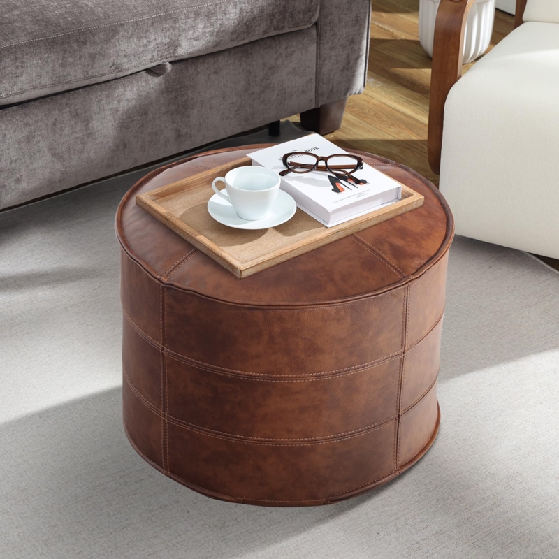 Square Ottoman Tan Contrast Stitching Low Profile Rustic Chic Pouf