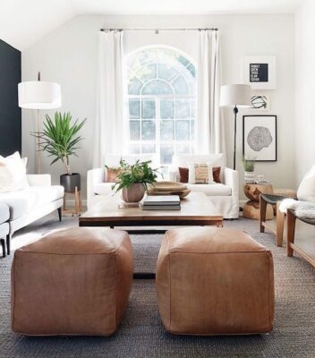 Square Ottoman Tufted Leather-Like Brown Modern Living Room