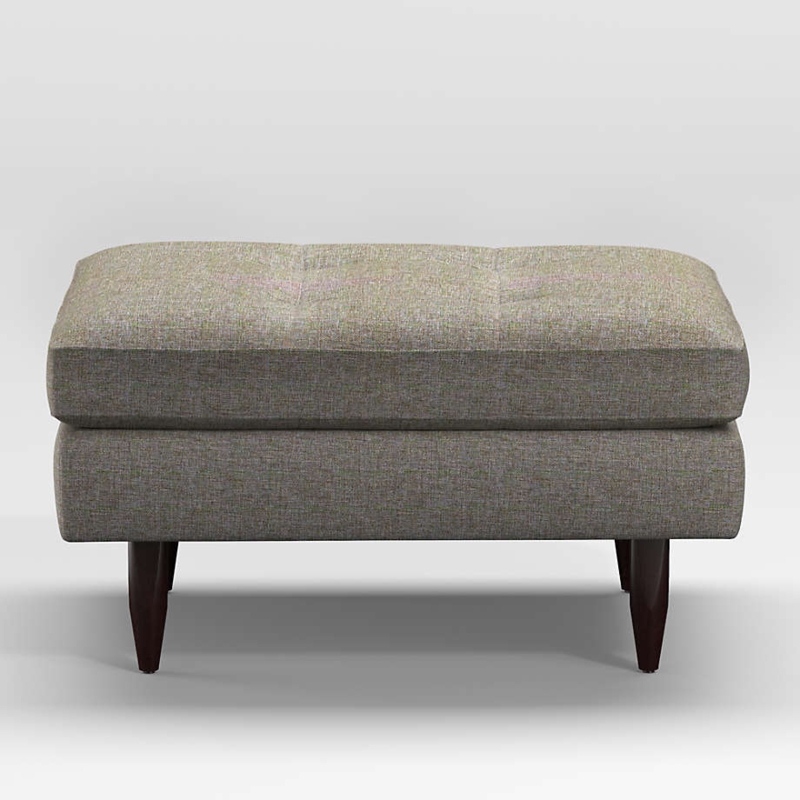 Square Ottoman with Button Tufting and Exposed Wood Base, Gray Fabric