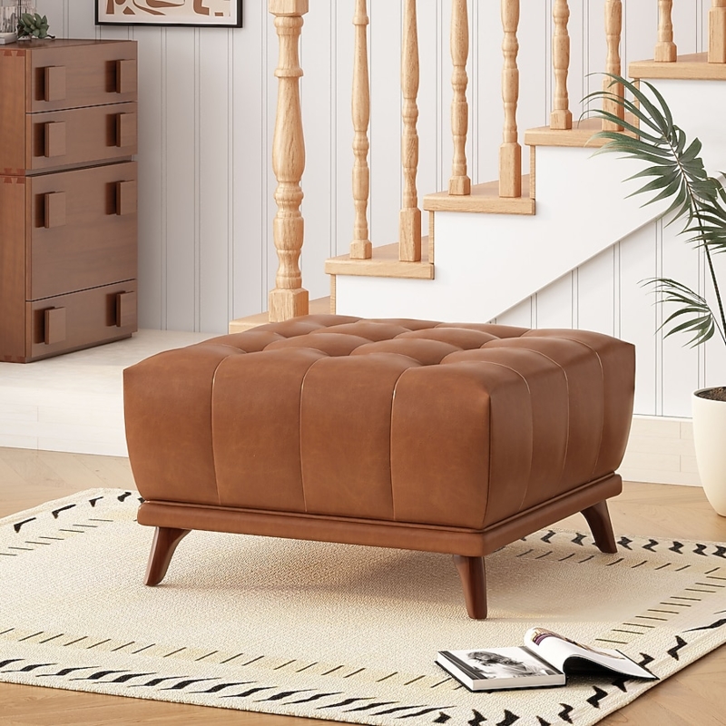 Square Ottoman with Button Tufting and Tapered Legs, Brown Leather-Like
