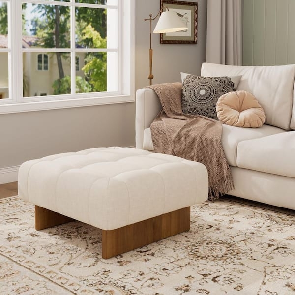 Square Ottoman with Deep Button Tufting and Tapered Wood Legs