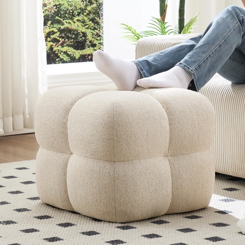 Square Ottoman with Funky Bubble Grid Tufting in Neutral Fabric