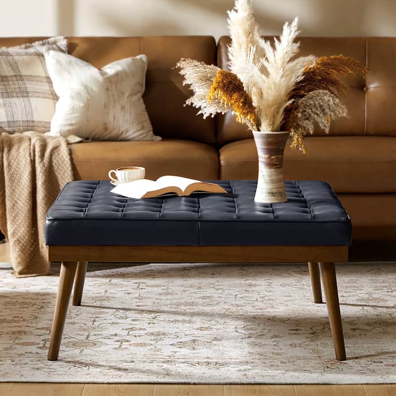 Square Ottoman with Grid Tufting and Navy Blue Leather-Like Fabric