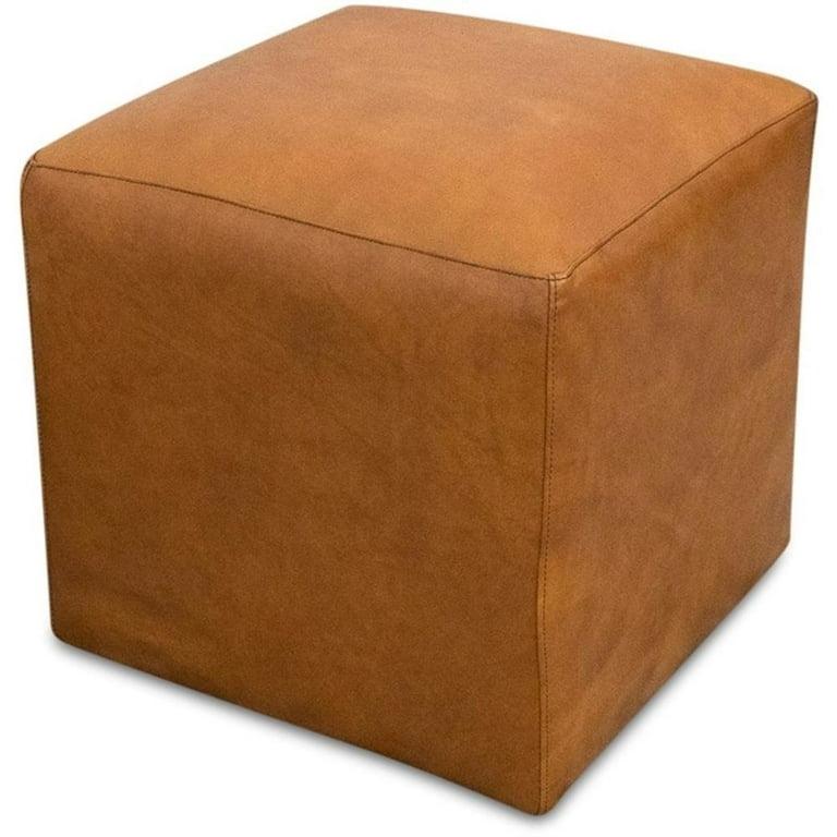 Square Ottoman with Quadrant Top Stitching and Cognac Tan Upholstery