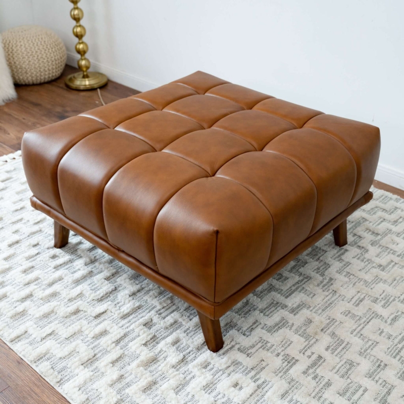 Square Ottoman with Tapered Legs and Light Gray Linen-Like Fabric