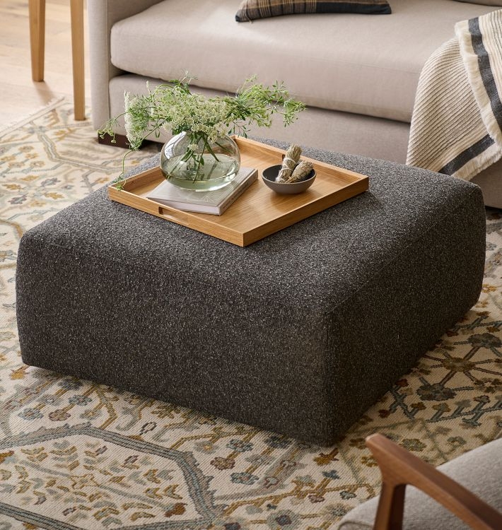 Square Ottoman with Tapered Legs and Metallic Foot Caps, Pebble Gray