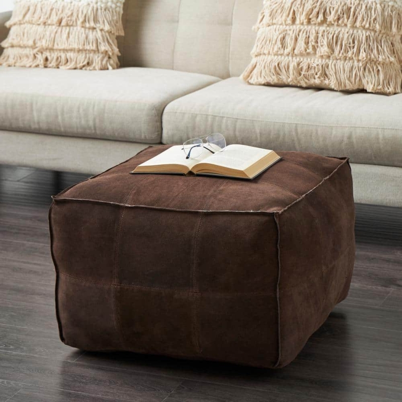 Square Patchwork Ottoman with Dark Brown Topstitching
