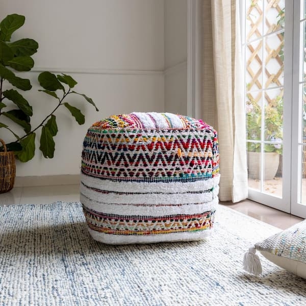 Square Pouf Chindi Weave Chevron Pattern Multi Color Bohemian Ottoman