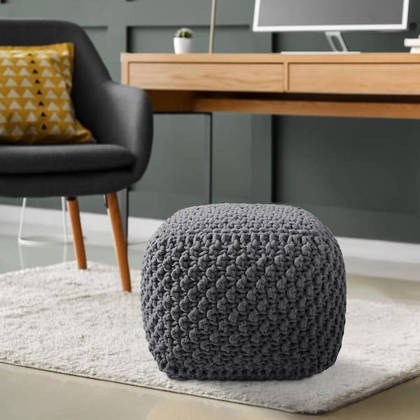 Square Pouf, Chunky Braided Knit Texture, Dark Gray, Scandinavian Style