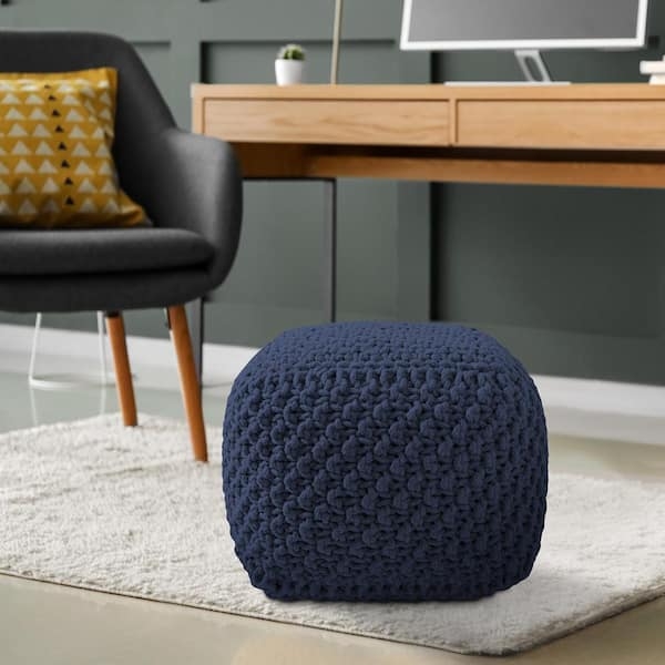 Square Pouf Chunky Knit Cotton Navy Blue Floor Seating