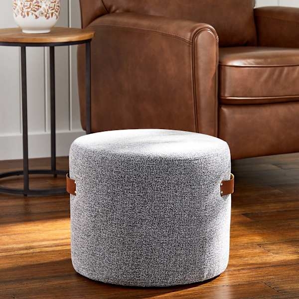 Square Pouf, Chunky Woven Texture, Light Grey, Faux-Leather Carry Handles