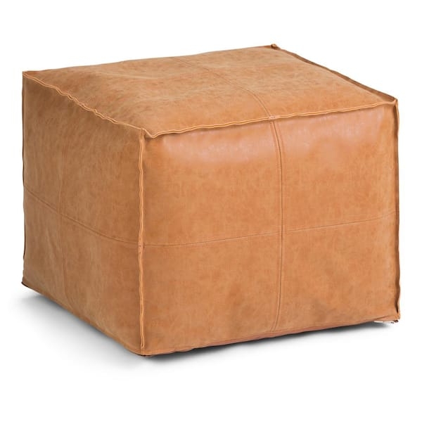 Square Pouf Distressed Brown Leather-Like, Rustic Faux Leather Footstool