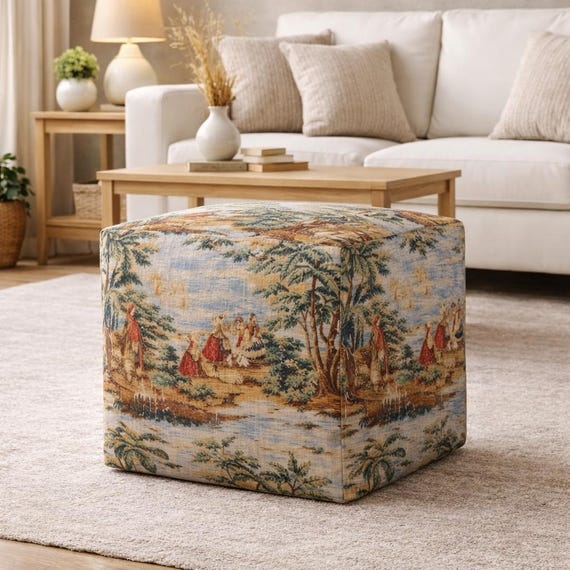 Square Pouf featuring Colorful Toile Pattern, French Country Style