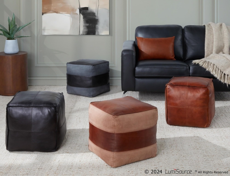 Square Pouf Industrial Espresso Leather Tan Canvas Buckled Straps