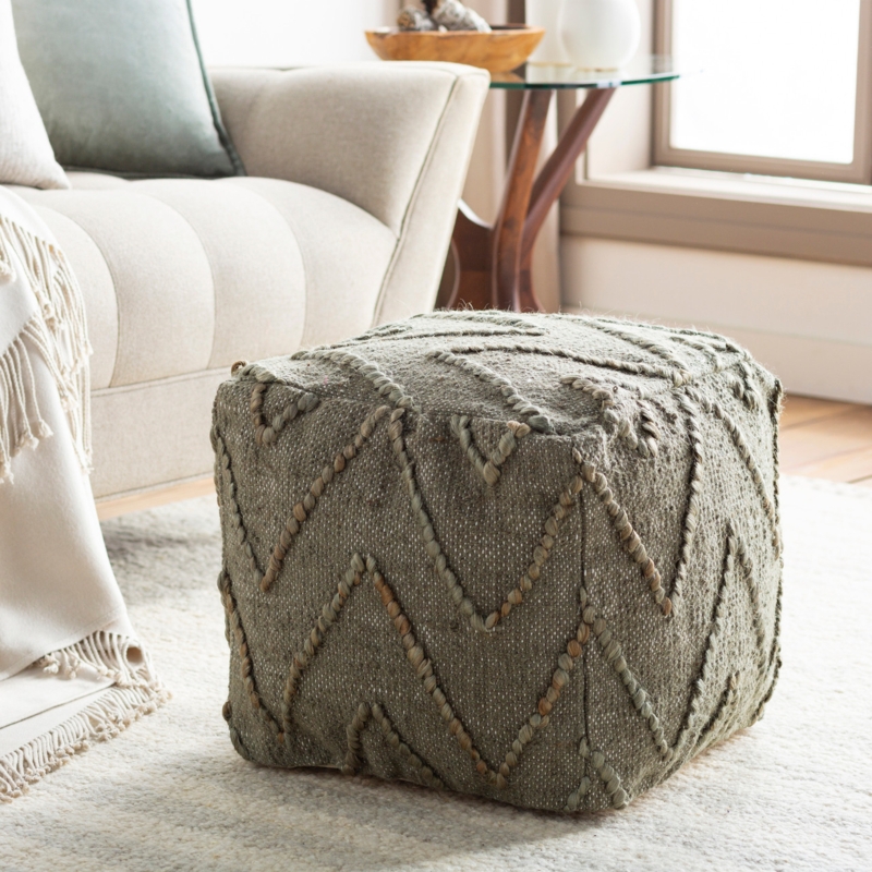 Square Pouf Jute Braided Construction Sage Green Organic Texture