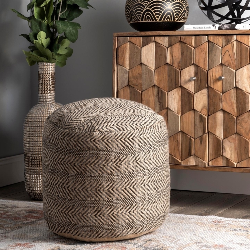 Square Pouf Jute Braided Construction Sage Green Organic Texture