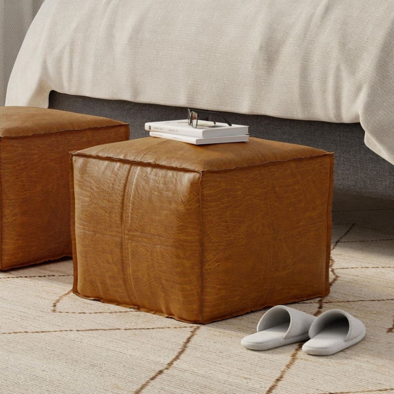 Square Pouf Leather-Like Piped Edges Central Indentation