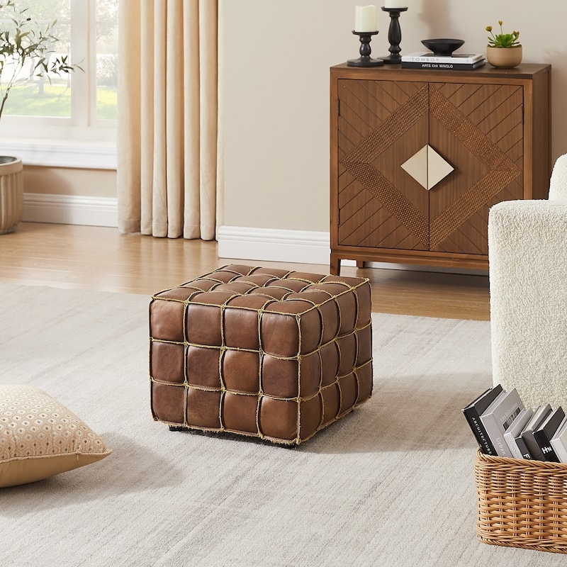 Square Pouf Low Profile Cognac Leather Central Tuft Detail