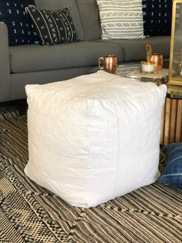 Square Pouf Mudcloth Pattern Geometric Print Off-White Bohemian Accent
