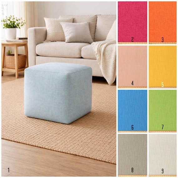 Square Pouf Mustard Yellow Woven Fabric Minimalist Footstool