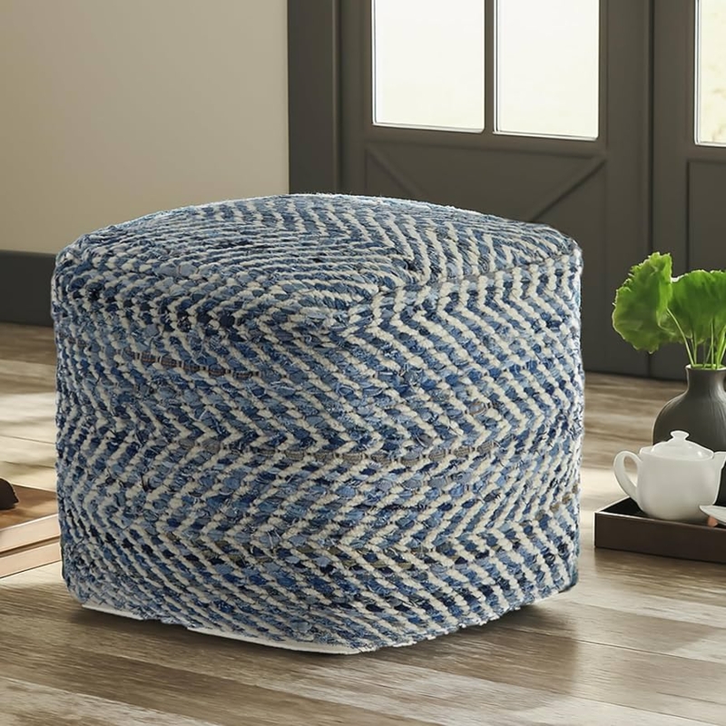 Square Pouf Navy Blue Chevron Woven Fabric Coastal Living Room