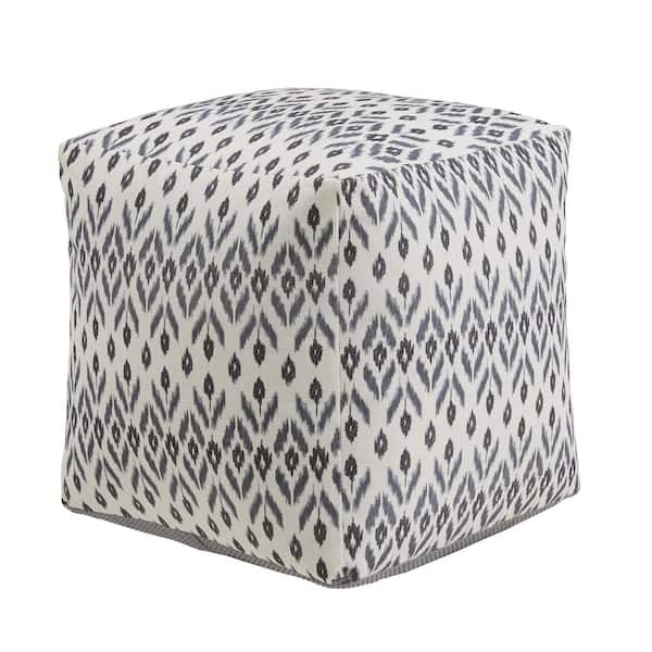 Square Pouf Ottoman Abstract Diamond Pattern Ivory Blue Piping Detail