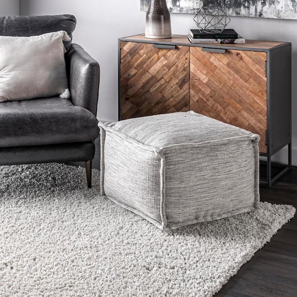 Square Pouf Ottoman, Chunky Woven Texture, Charcoal Gray, Casual Style