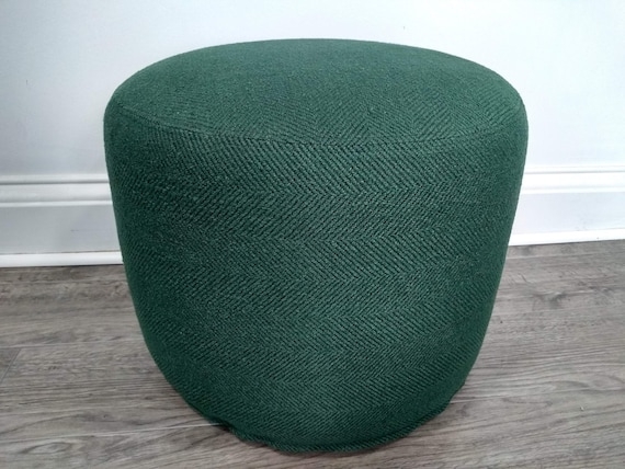 Square Pouf Ottoman Herringbone Weave Emerald Green Textured