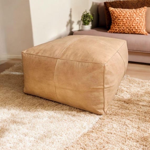 Square Pouf Ottoman Leather-Like Heavy Stitched Seams