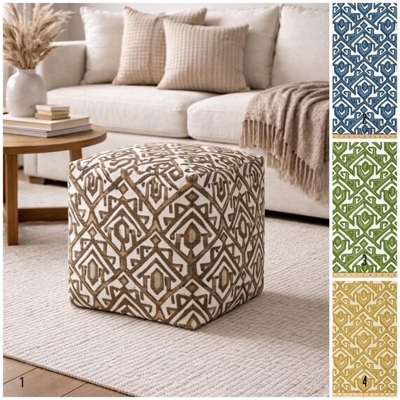 Square Pouf Ottoman Mixed Geometric Patterns Earthy Tones Boho Style