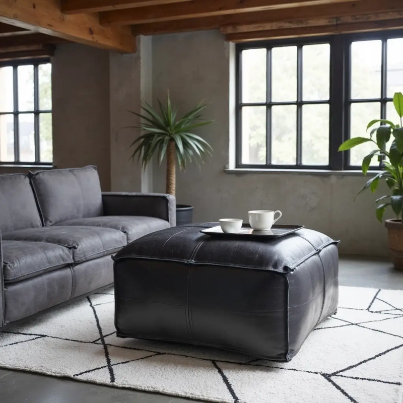 Square Pouf Ottoman, Moroccan Black Leather-like White Embroidery