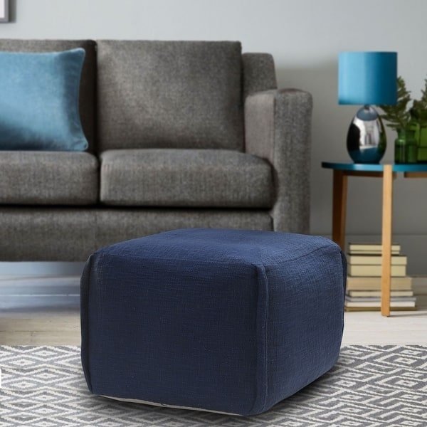 Square Pouf Ottoman Pleated Texture Navy Blue Fabric Accent Seating
