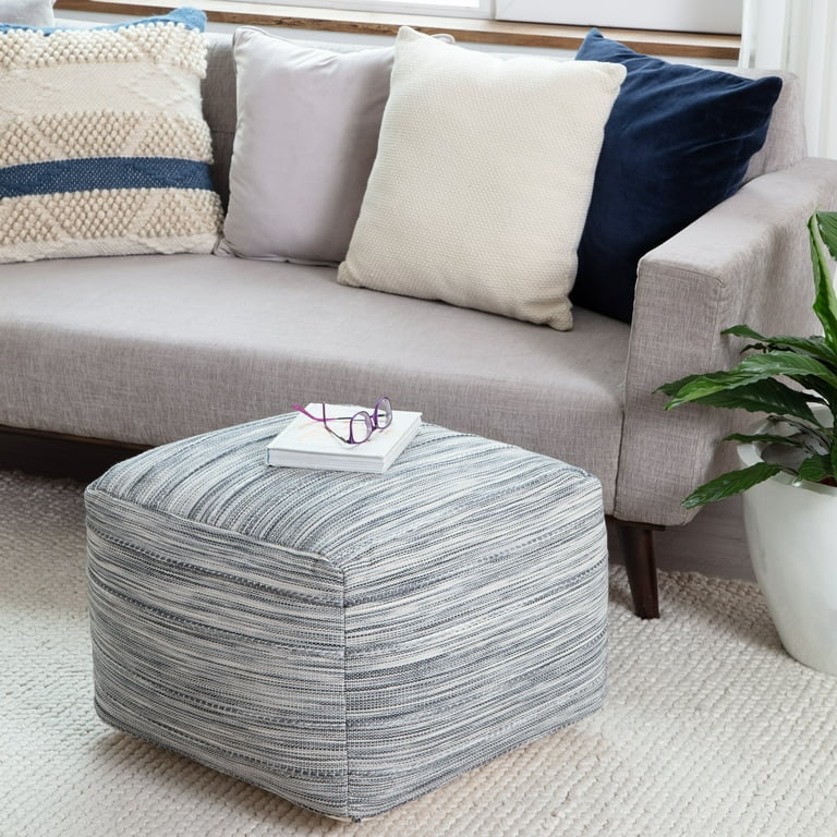 Square Pouf Ottoman, Two-Tone Navy and Gray Chunky Braided Knit Texture