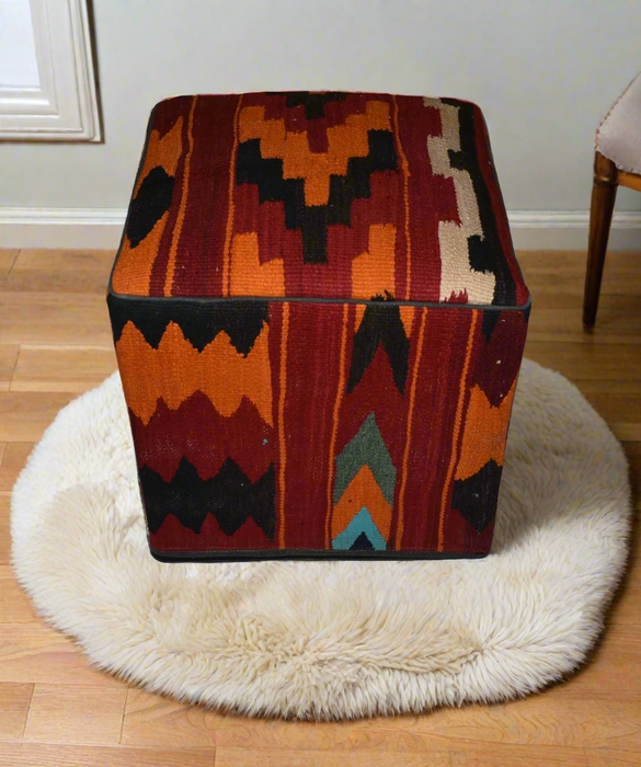 Square Pouf Ottoman Vibrant Kilim Weave Geometric Pattern Boho