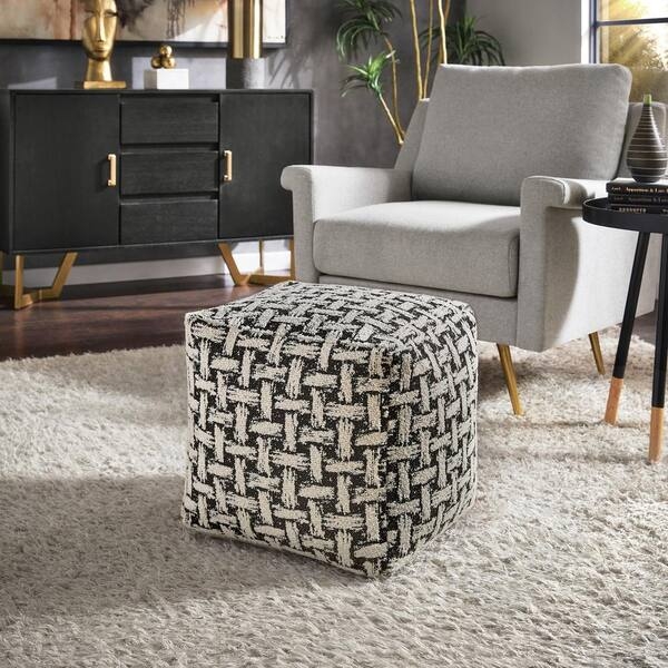 Square Pouf Ottoman Woven Geometric Pattern Black White High Contrast