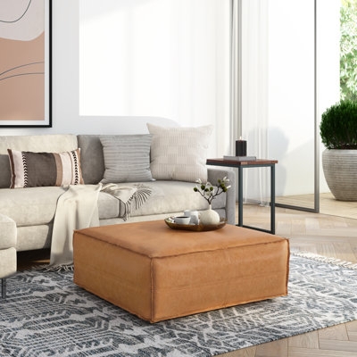 Square Pouf Oversized Tan Cognac Leather Tufted Top Coffee Table