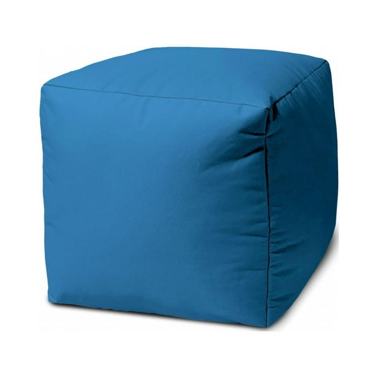 Square Pouf Teal Blue Woven Fabric Indoor Outdoor Ottoman Seating
