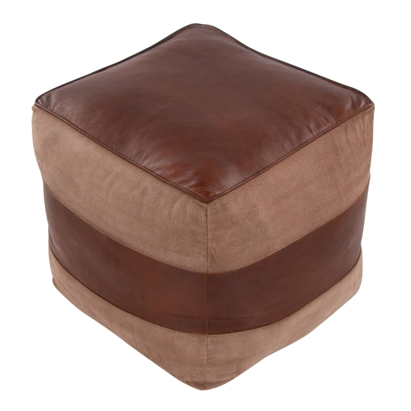 Square Pouf Two-Tone Espresso Leather Tan Canvas Contrast Stitch