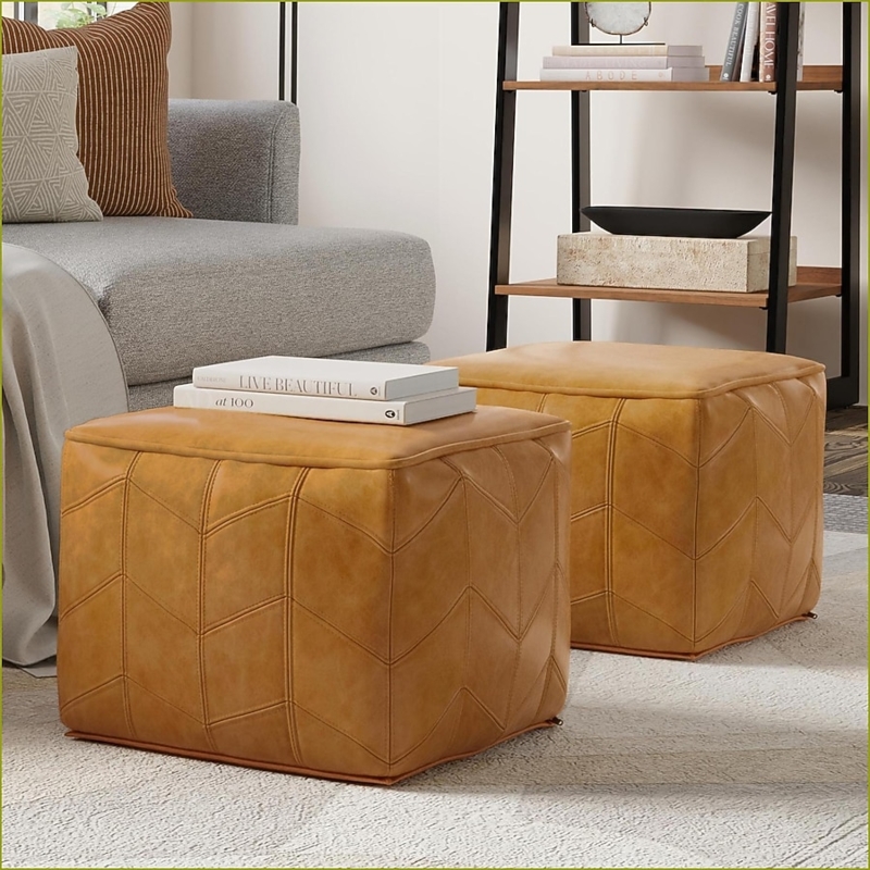Square Pouf Walnut Brown Leather Like Industrial Style Footrest